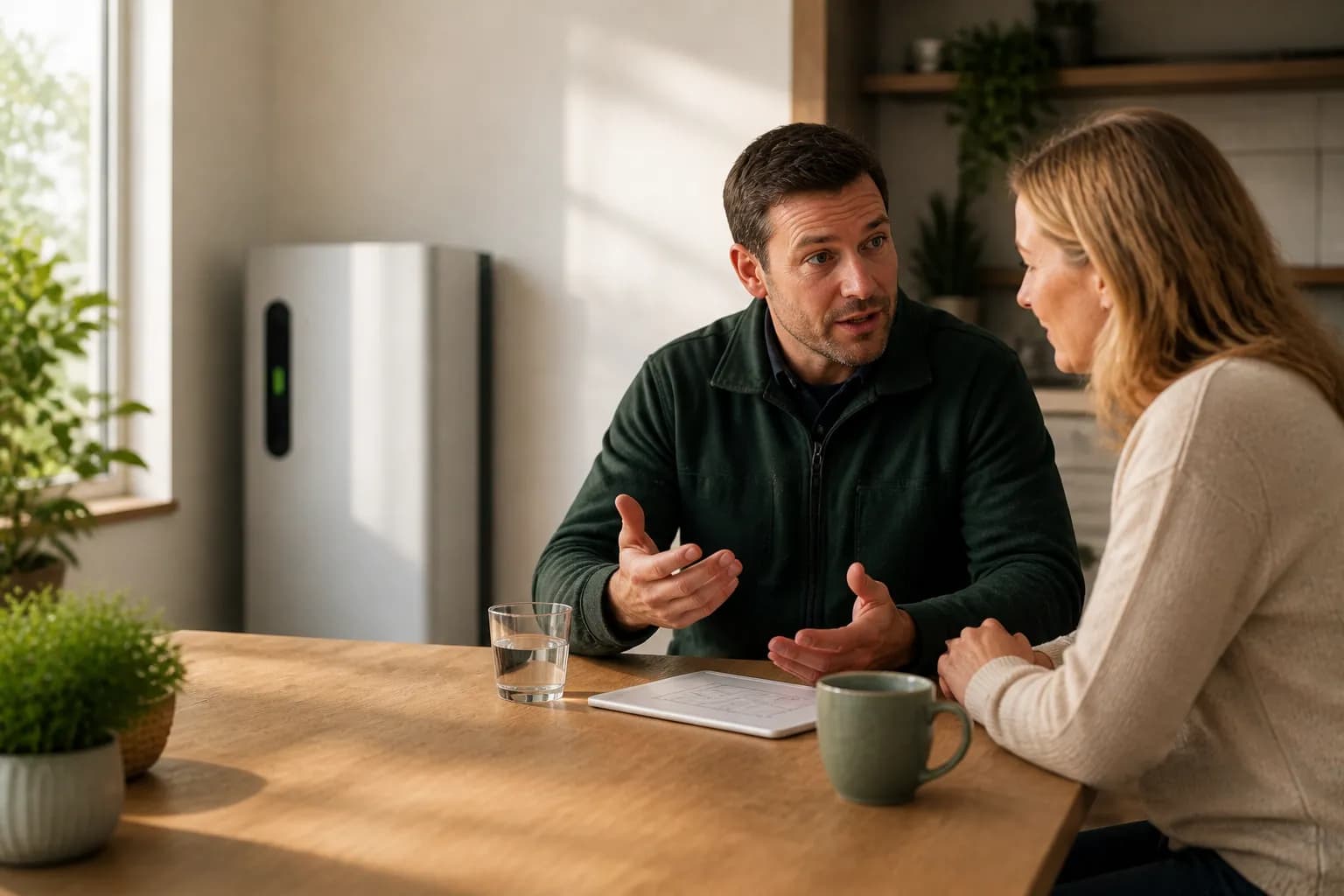 Adviseur bespreekt een thuisbatterij met een klant