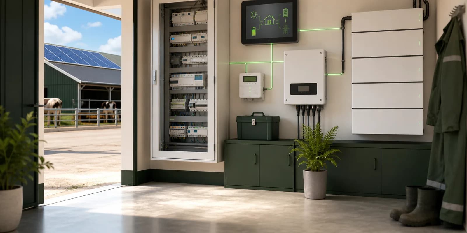 Opgeruimde technische ruimte met batterij en omvormer